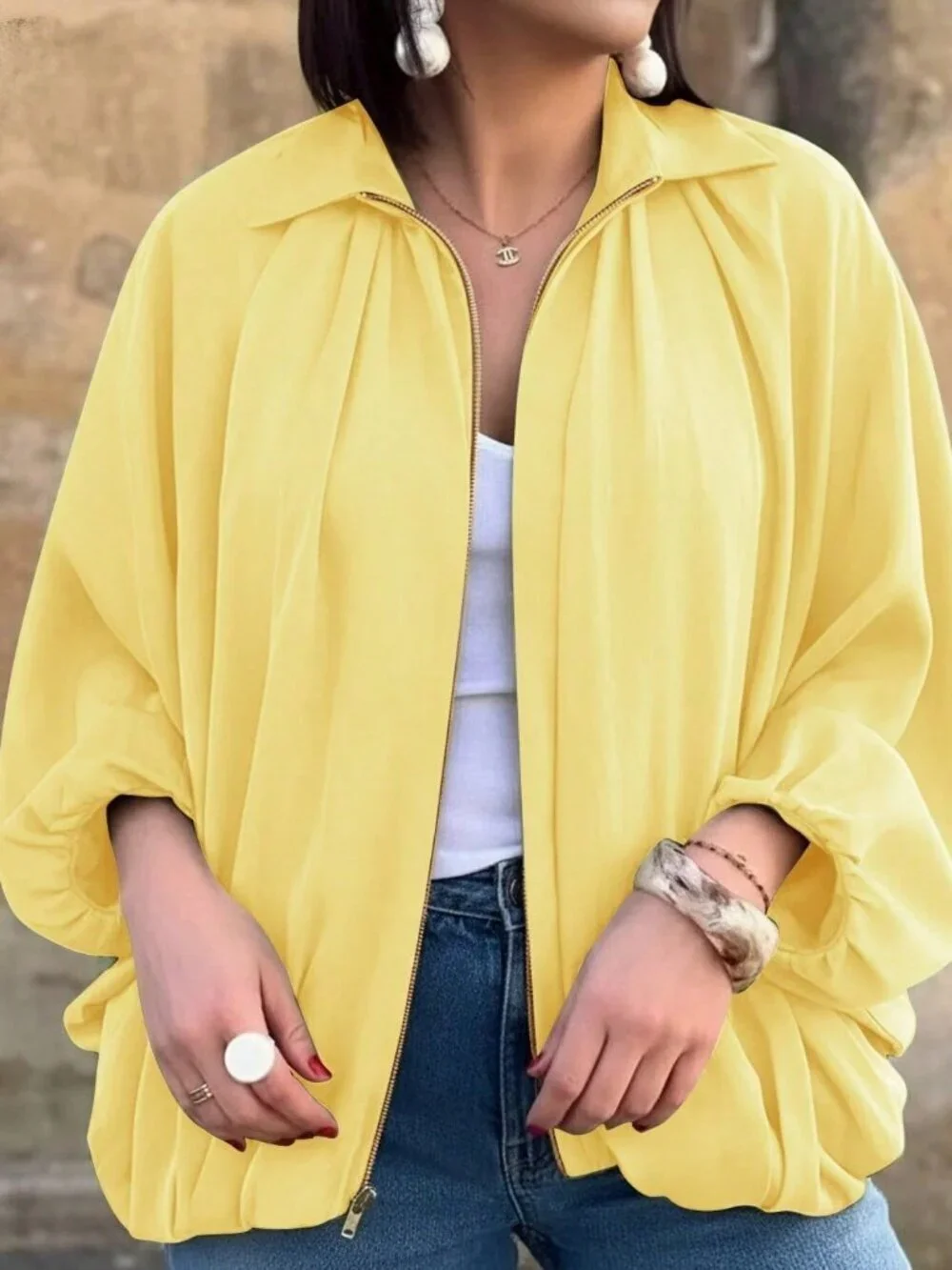 Yellow Casual Women's Puff Sleeve Bomber Jacket lightweight jacket